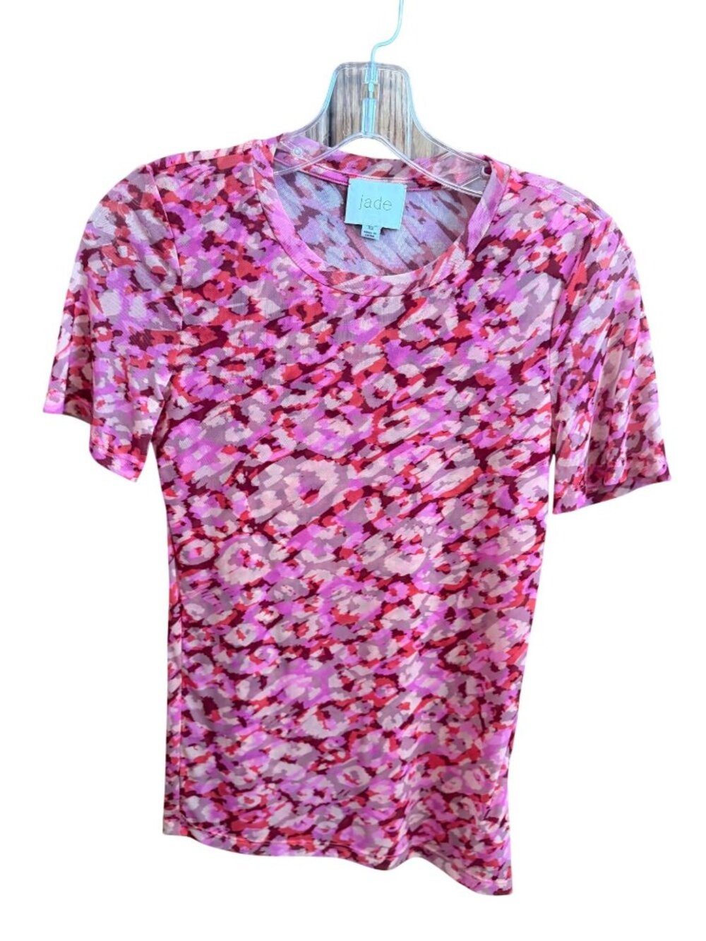 Johnny Was Jade Pink Abstract Print Sheer Short Sleeve Nylon Blend Top XS